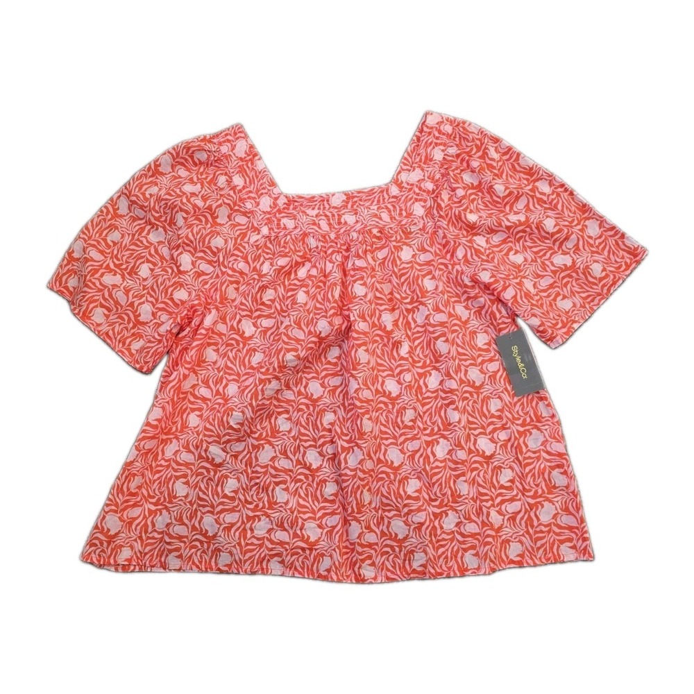 Style & Co Red Floral Coastal Boho Chic Square Neck Blouse Short Sleeve Medium